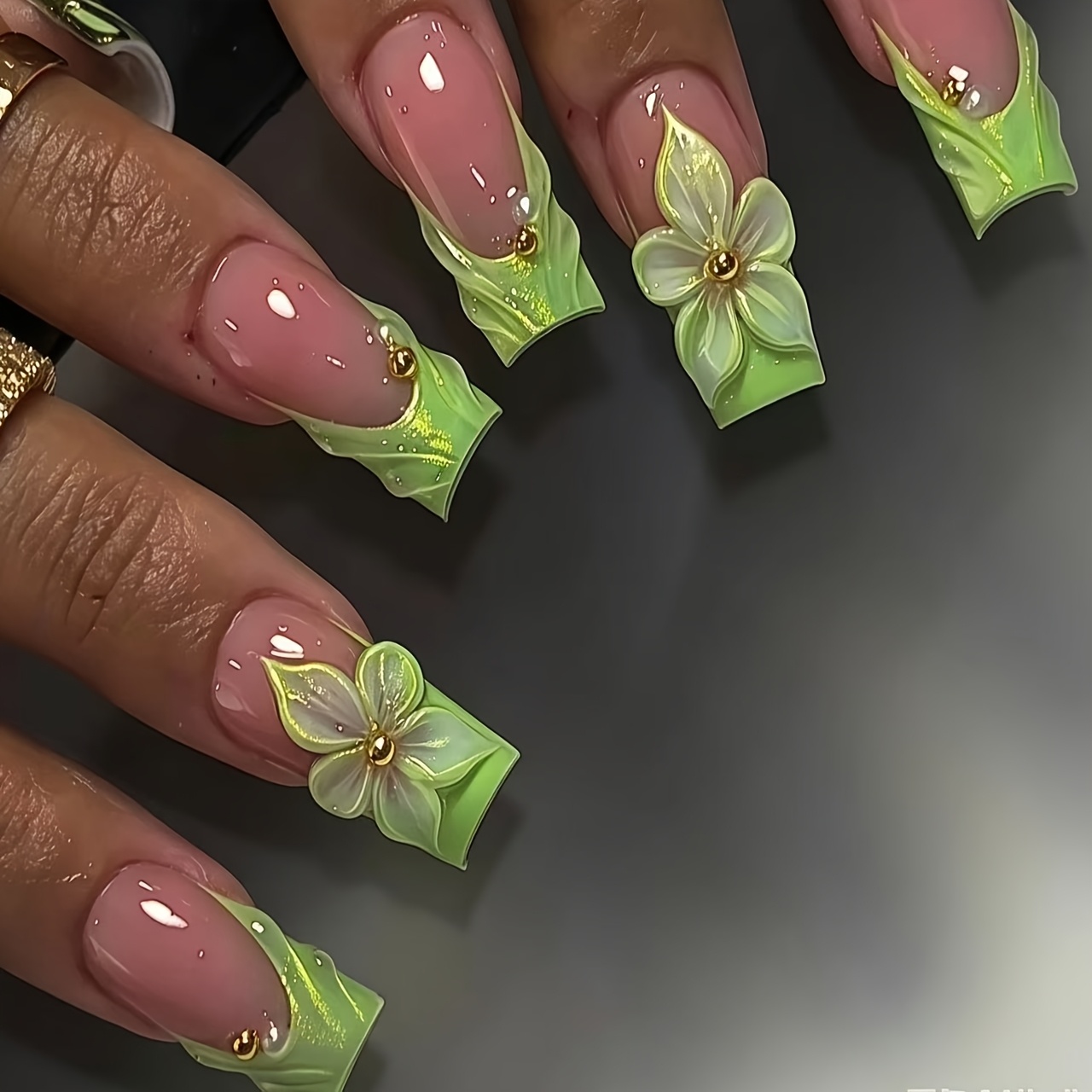 TEMU 24pcs Party & Outing Versatile Nude Pink-green Gradient Nail Art, Three-dimensional Light Green Floral Press-on Nails, Detachable Nails For A