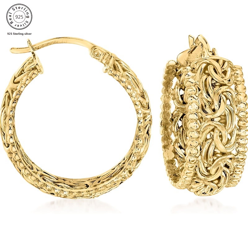 A Pair Of 925 Sterling Silvery 18k Plated Beaded Byzantine Hoop Earrings, Suitable For Holiday, Party Wear, Gift For Mother, Wife, , Valentine's Day Gift, Comes With A Box
