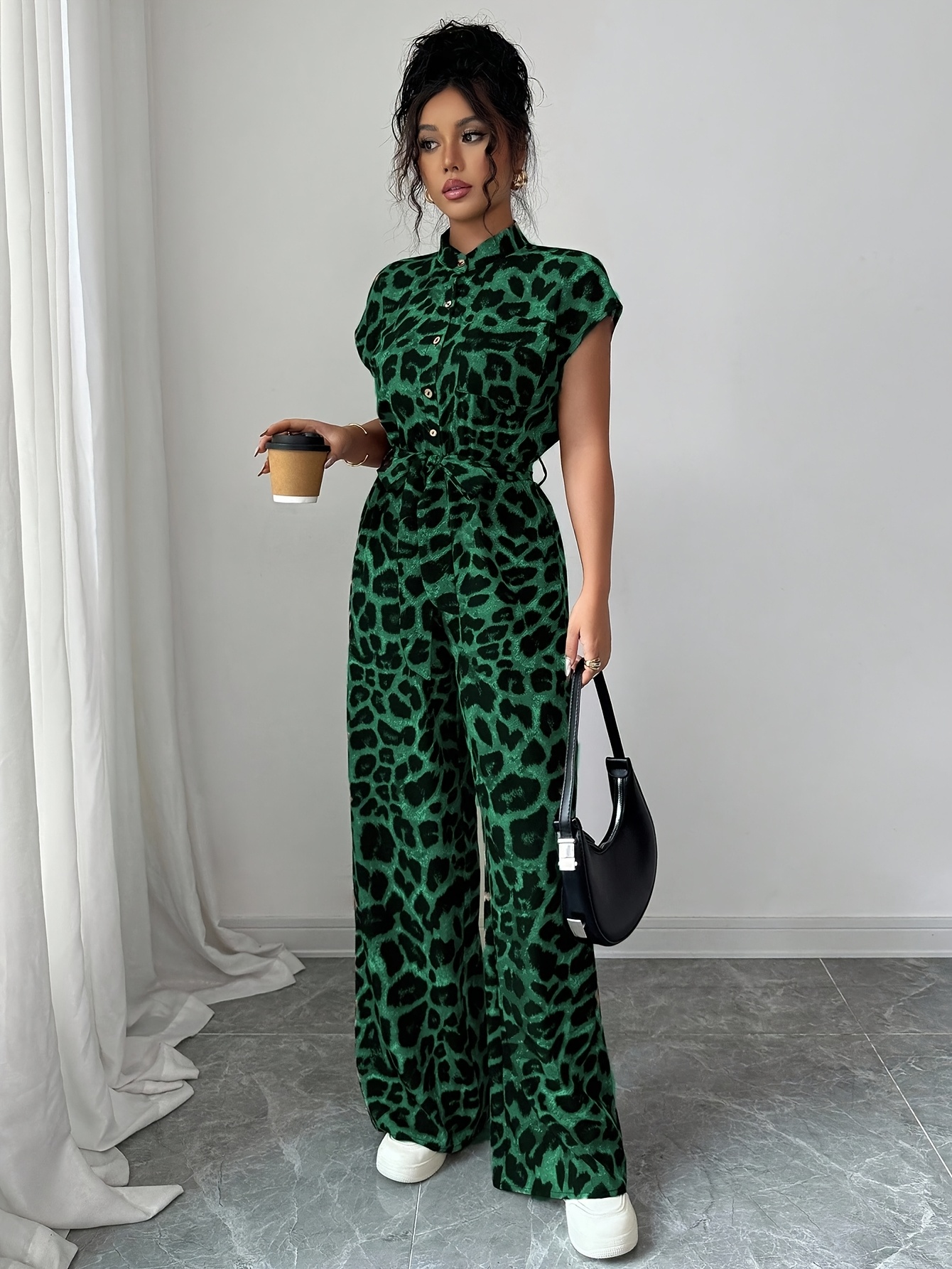 european and american spring summer new random print stand collar   elegant casual belted jumpsuit details 2