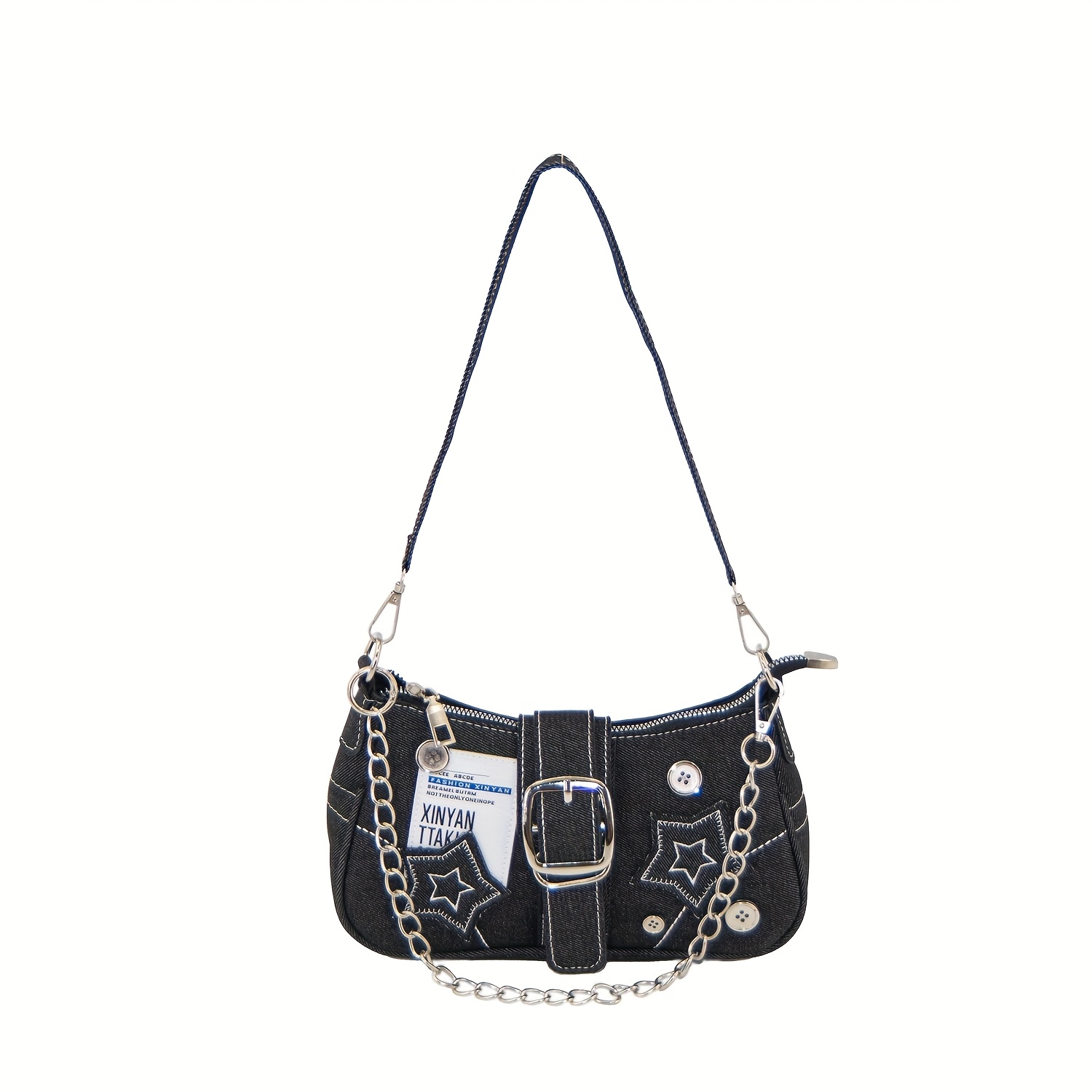 Image of - Cute Y2k Handbag, Star Patterned Accessory, Women's Retro Bag, Black Gothic Style Bag, Punk Shoulder Bag, Top Handle, Small Gothic Handbag, Fashionable Armpit Bag, Aesthetic Wallet
