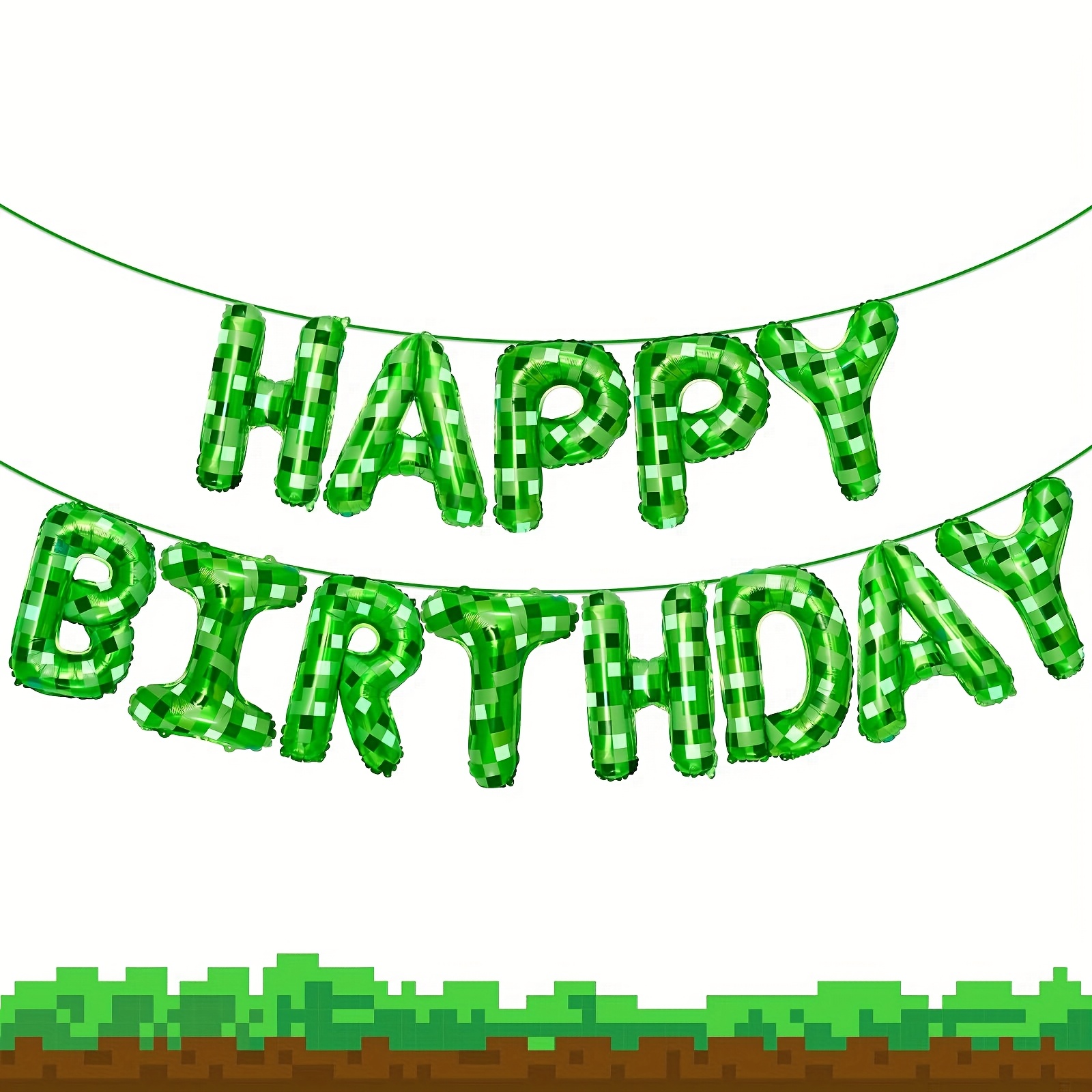 Image of 13pcs Green Pixel Themed Happy Birthday Banner, Party Decoration Kit, With Pixel Balloons, Pixel Background Supplies, Essential Items For Themed Parties, Suitable For Birthdays And Holiday Parties
