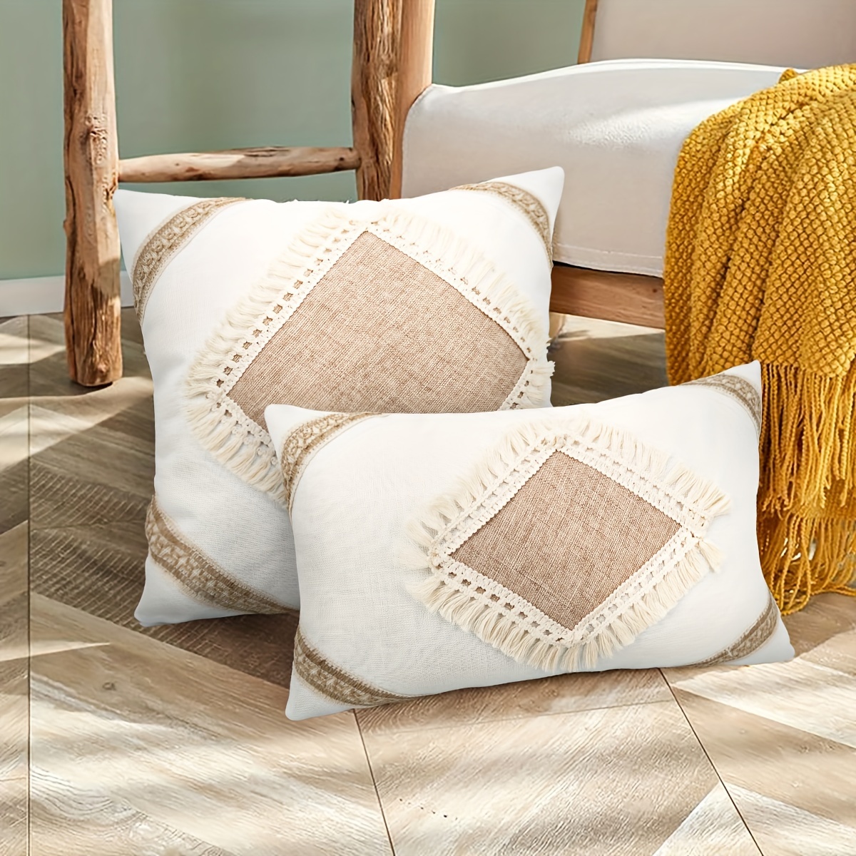 

French-style Throw Pillow Cover With Tassel Fringe, Woven Polyester Sofa Cushion Case, Zipper Closure, Living Room Decor - 1pc (insert Not Included)