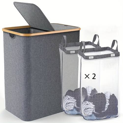 1pc double layered laundry basket with lid large capacity laundry hampers with lid dirty clothes hamper with 2 laundry bags inside removable and washable inner bag foldable space saving dirty clothes storage basket laundry baskets