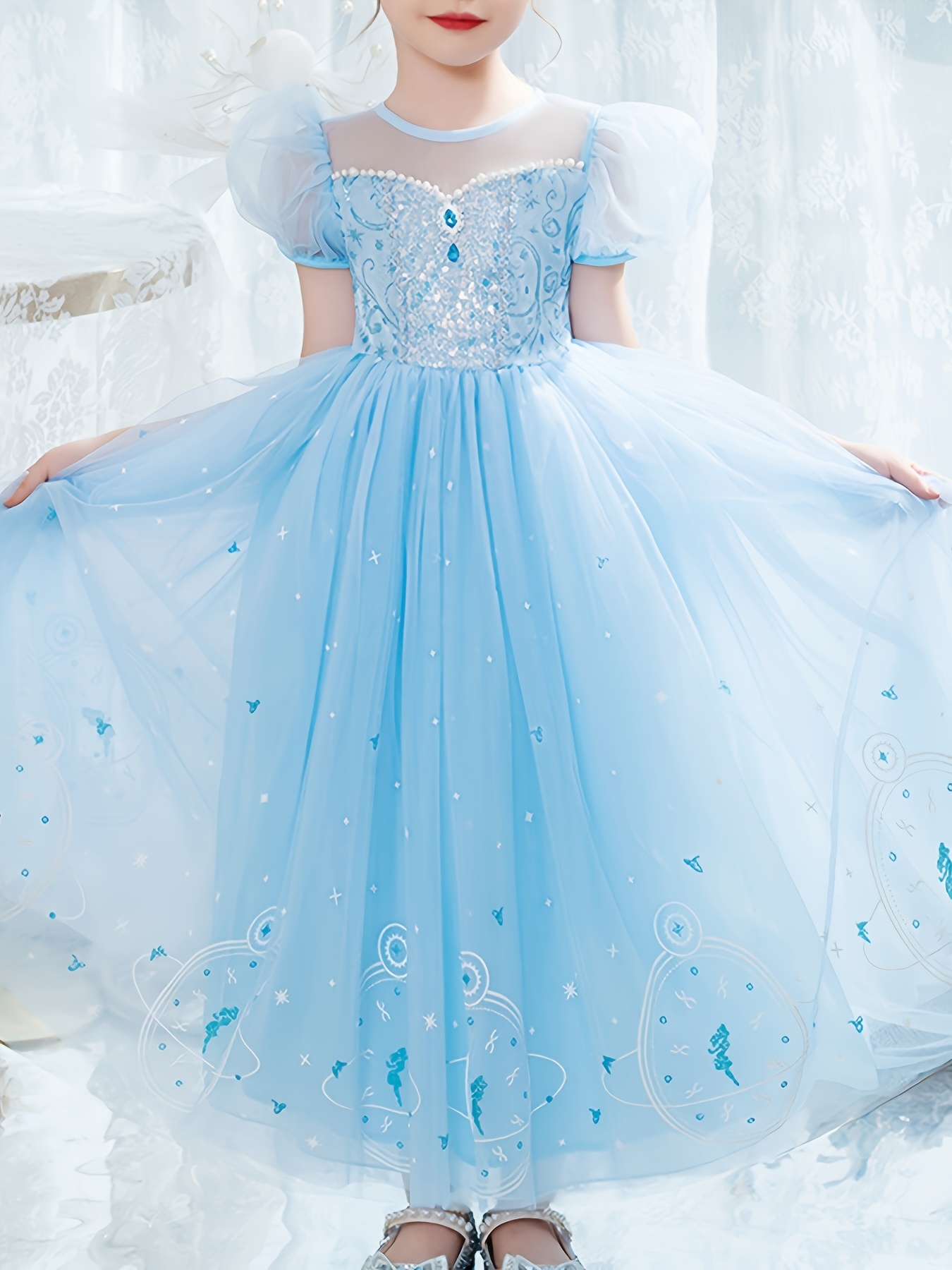 A Puff Sleeve Print Mesh Ballet Skirt Princess Dress with a Cape * Party  Attire