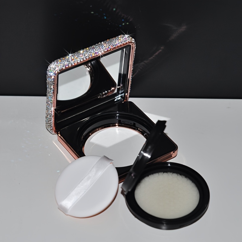 TEMU Luxury Rhinestone-encrusted Powder Puff With Mirror, Refillable Foundation Bb Cushion Box, Unscented Plastic Makeup Container With Puff And Mirror