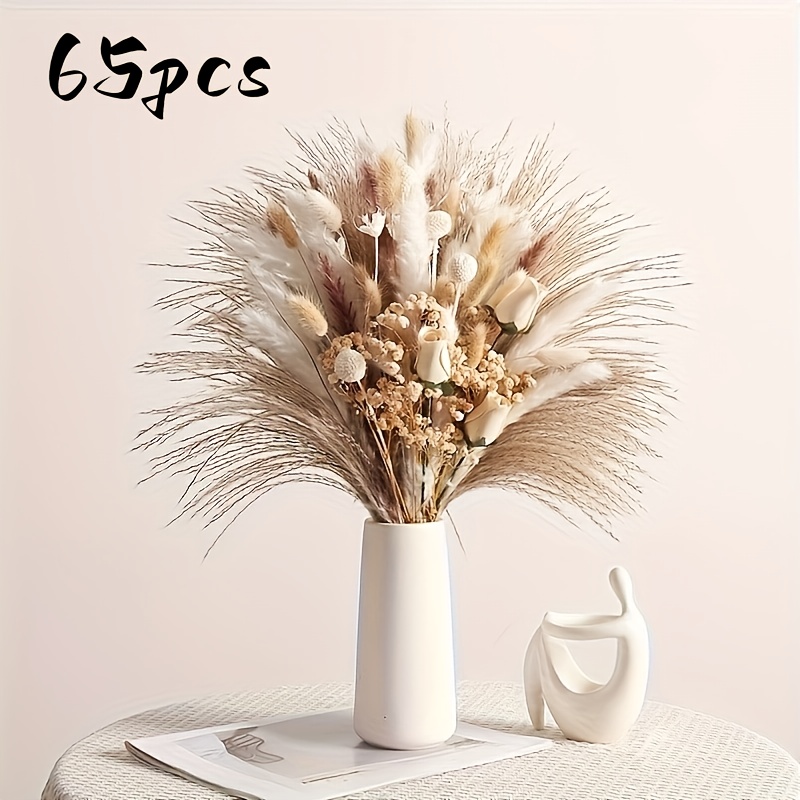 Image of 65pcs Dried Flower Pampas Breath Bunny Craspedia Tail Grass Bouquet | Boho Home Vase Room Living Seasonal Garden Decor Wooden Rose Dry Flowers, Artificial 's Tail For Wedding Party Decoration