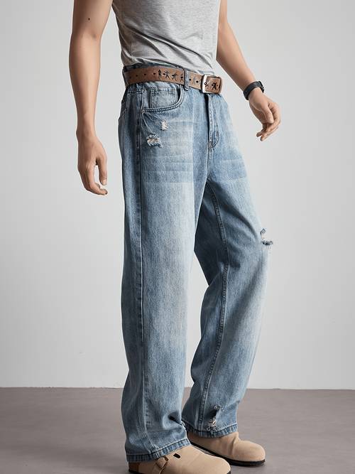 2026 new style versatile distressed vintage cowboy style jeans mens casual trendy light blue loose straight fit pants