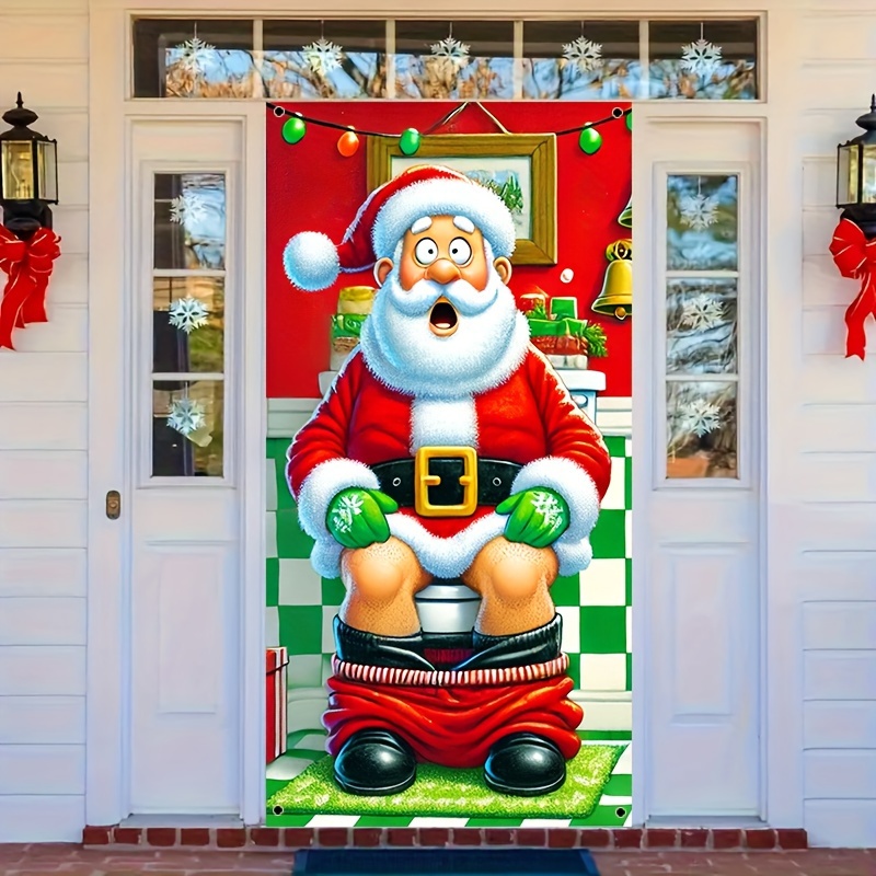 

1pc Funny Santa Toilet Door Cover - 100% Polyester Multipurpose Christmas Decoration, Holiday Party Supplies For Home, Garden, Courtyard - Electricity-free, Festive Door Banner 35.43" X 70.86