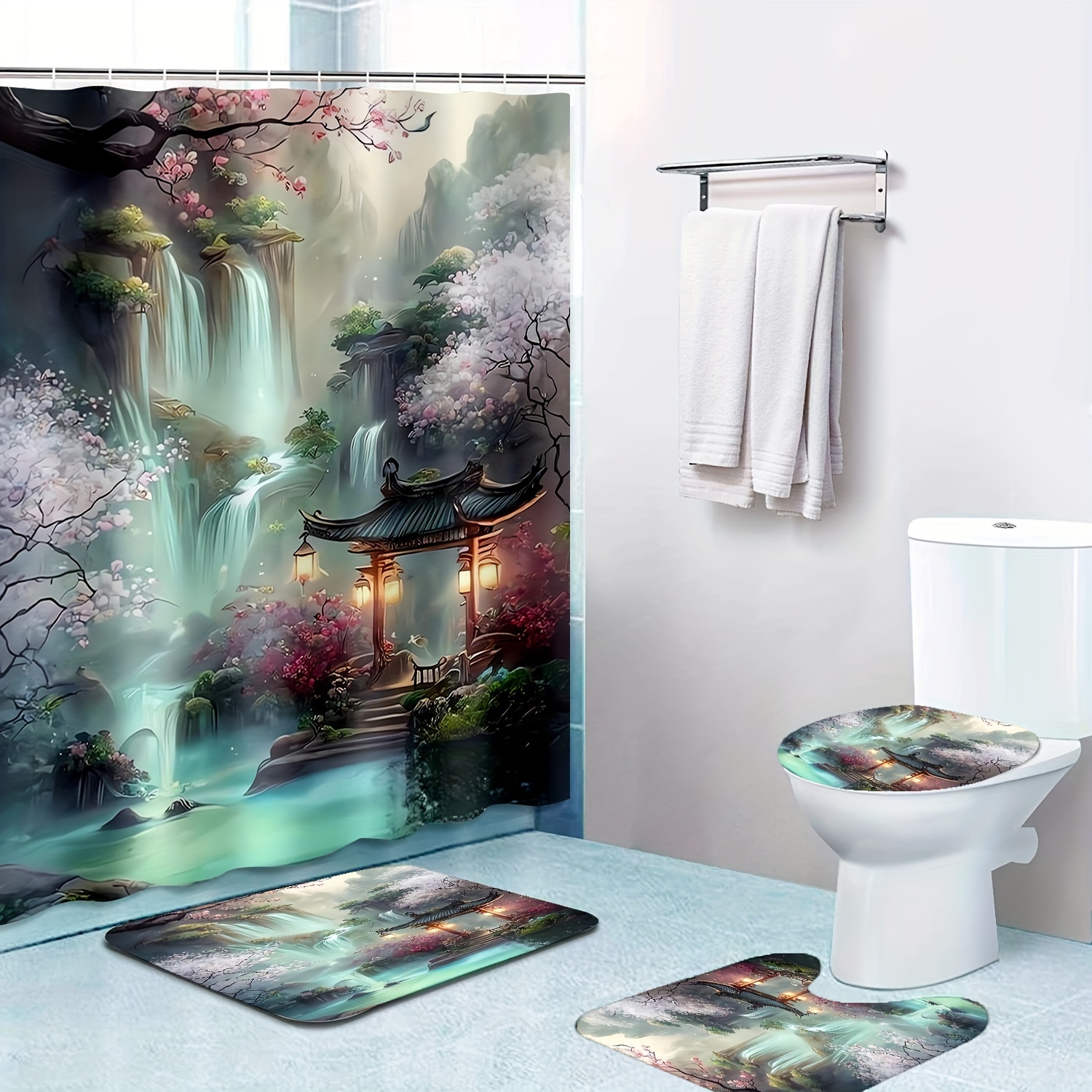 

1/4pcs Oriental Landscape Pattern Shower Curtain Set, Waterproof Shower Curtain With Hooks, Non-slip Bathroom Rug, Toilet U-shape Mat, Toilet Lid Cover Pad, Bathroom Decor
