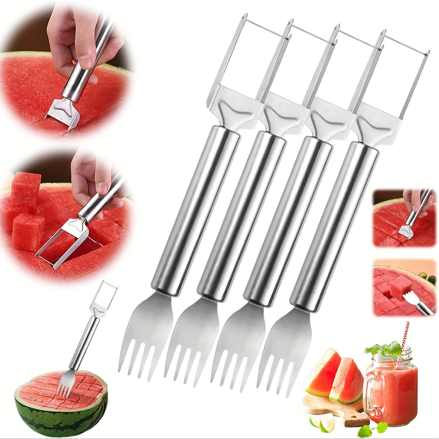 

4pcs Upgraded 2-in-1 Stainless Steel Fruit Cutter Watermelon , 2024 New Watermelon Fork Slicer Cutter Slicer Tool, Watermelon Cutting Cutter Slicer Tool Fruit Cutter For Kitchen Camping Gadget Gifts