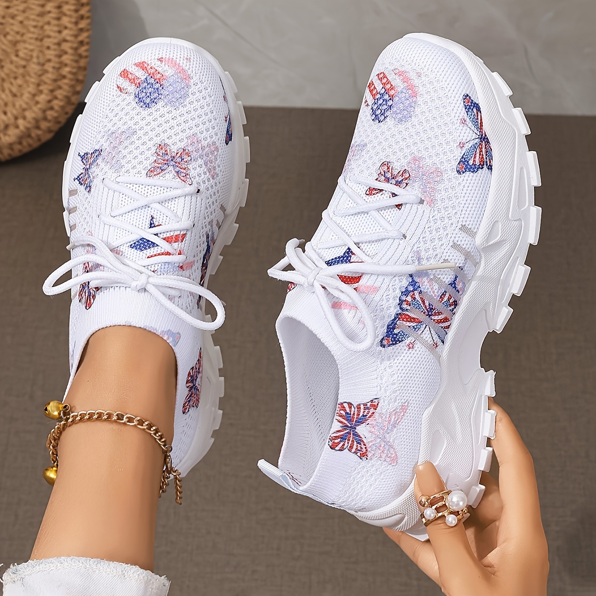 

Women's Flag Butterfly Pattern Mesh Sports Shoes, Lace-up Breathable Platform Casual Shoes, Lightweight Low-top Shoes For Independence Day