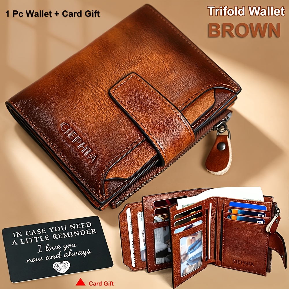 1pc Men's Genuine Leather Wallet, Vintage Short Top Layer Cowhide Multi Function Id Card Holder, Rfid Blocking Billfold Coin Pocket With Zipper, Valentine's Day Gift For Men