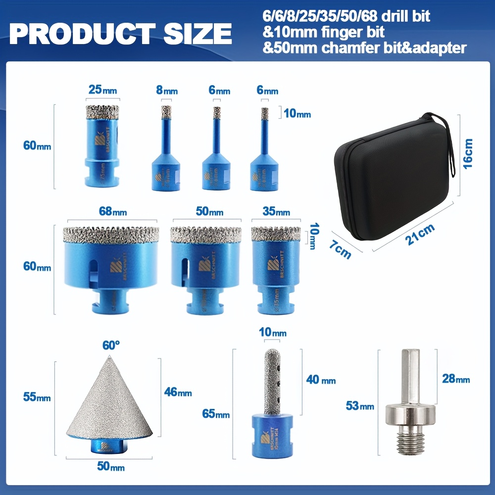 10pcs Diamond Core Drill Bit Set 6/6/8/25/35/50/68mm - Tile Kit Diamond For Porcelain Tile Ceramic Marble Granite Drilling, Finger Chamfer Bit M14 Thread