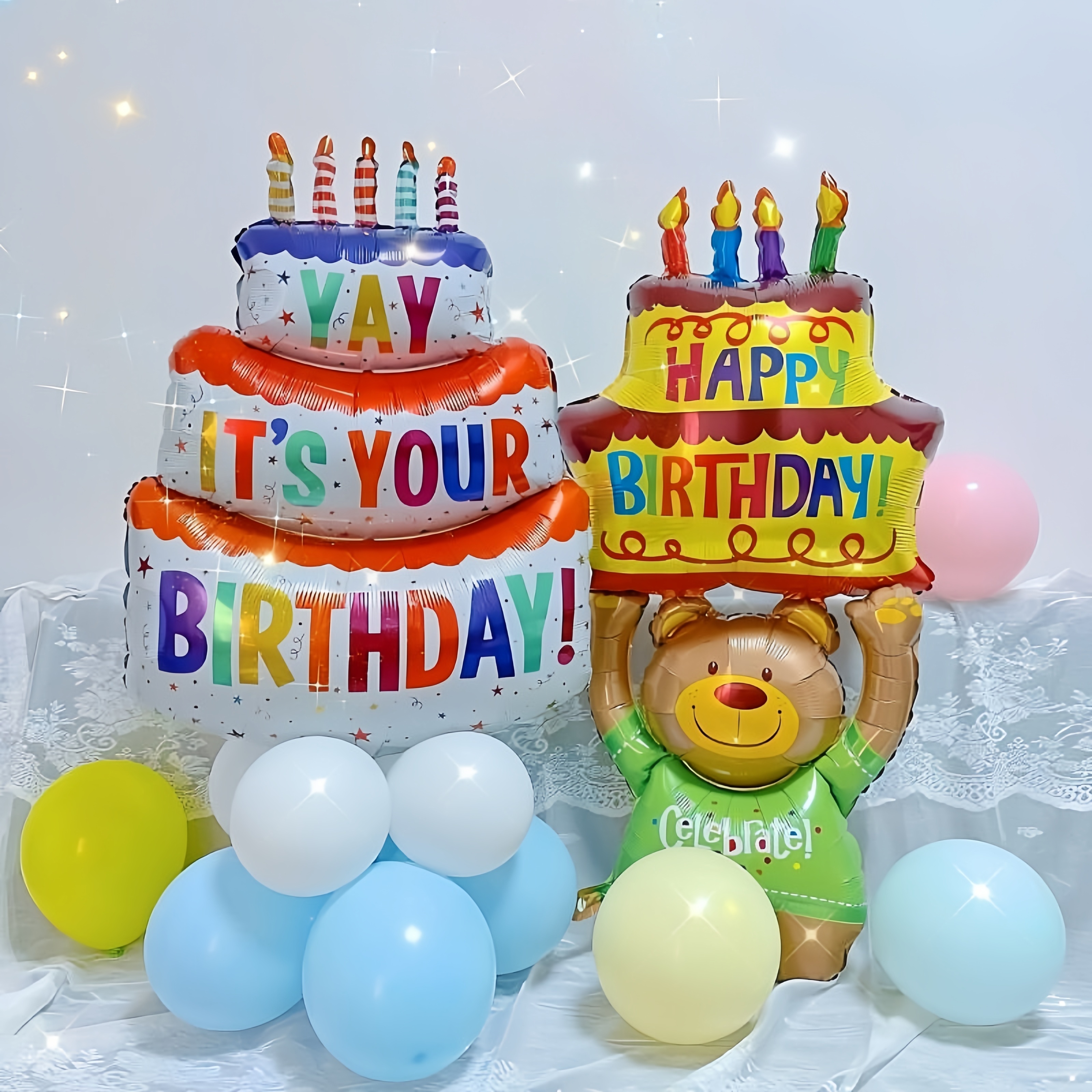 TEMU 2pcs Large Birthday Cake Balloons, Cute Bear Cake Shapes Aluminum Balloons, Birthday Party Decorations Supplies