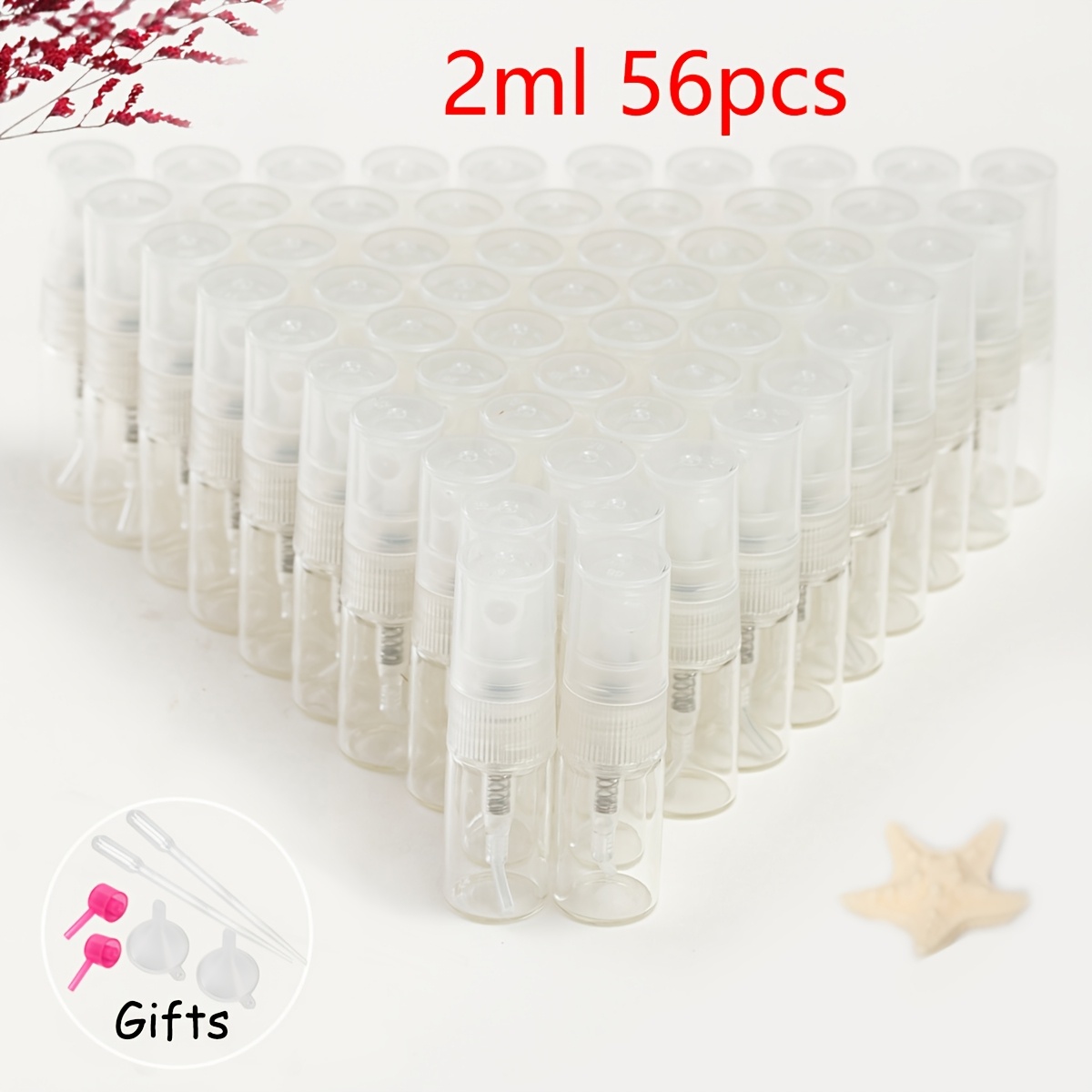 TEMU 56-pack Transparent Glass Perfume Bottles In 2ml, 3ml, 5ml, And 10ml Spray Bottles, Convenient For Beauty And Hydration, Mist Spray Bottles,