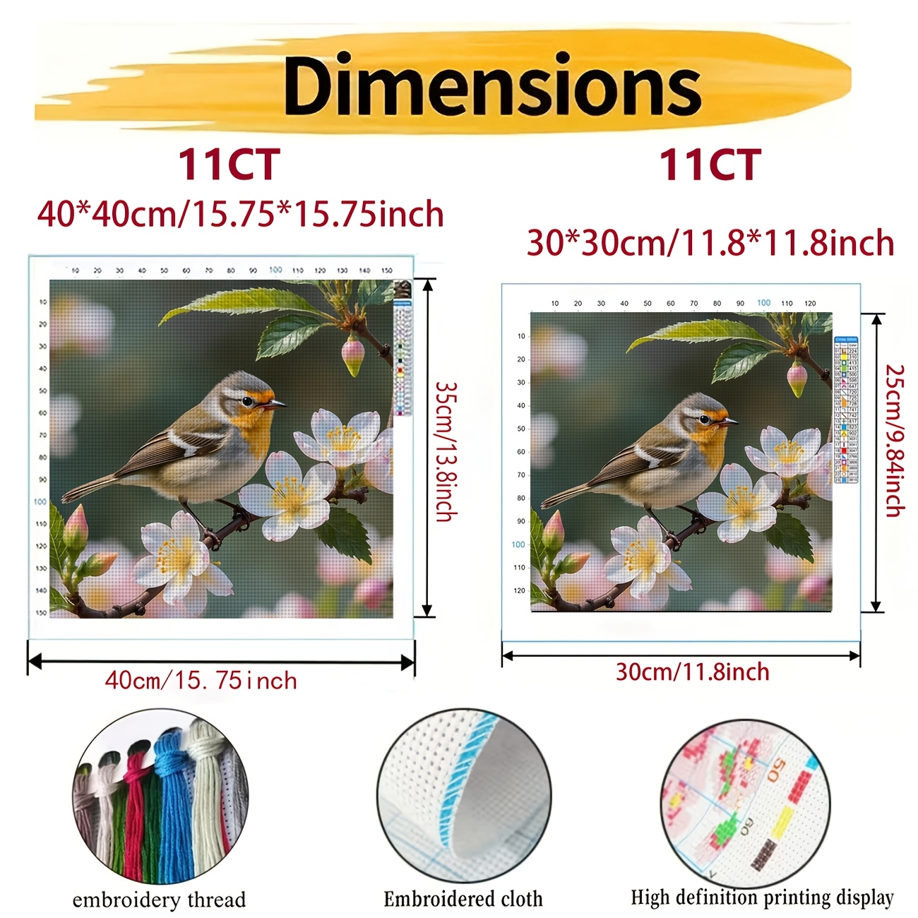 DIY Cross Stitch Print Kit, Bird Perched on Flower Branch
