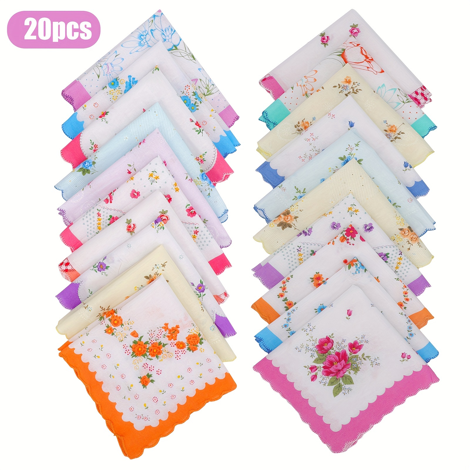 

20pcs Vintage Floral Cotton Handkerchiefs For Women, 100% Hankies With Pastel Colors & Unique Random Prints, Lightweight & Stylish For Use Or , Wedding Accessories | Scalloped Decor | Cotton