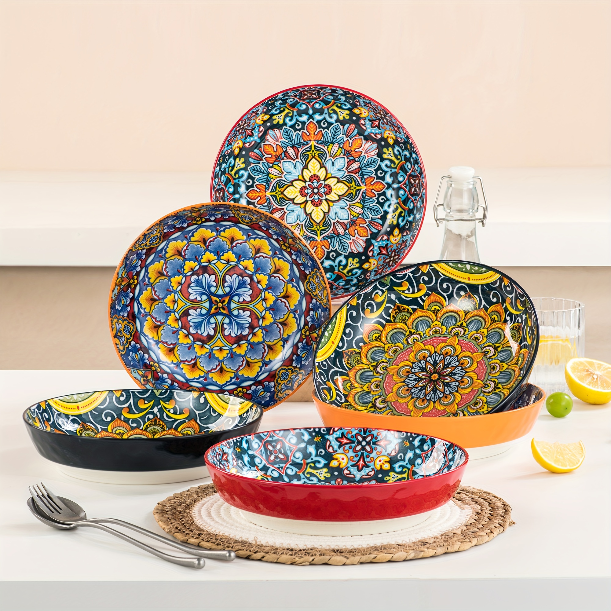 TEMU Bohemian Charm 6pcs Ceramic Set - Vibrant, Handcrafted Porcelain For All & Holidays, Dishwasher & Microwave Safe