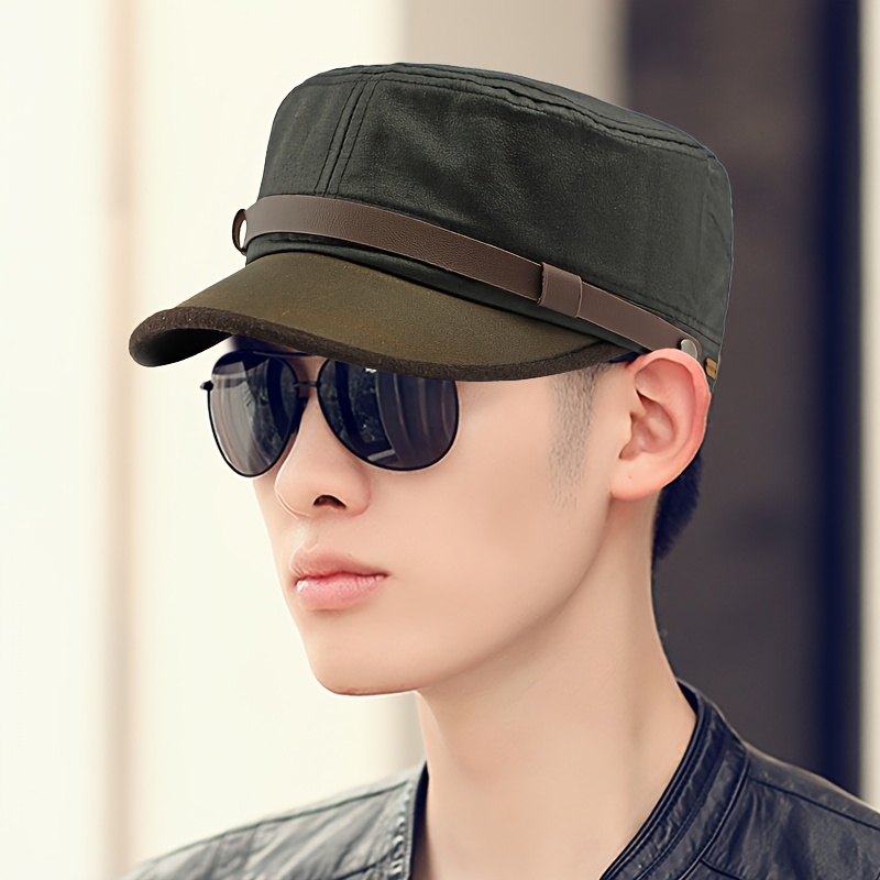 Unisex Retro Streetwear Flat Top Hat with Adjustable Strap Warm  Fleece-Lined Winter Cap for Men Women, Olive Green, Casual Outdoor  Wear, Winter