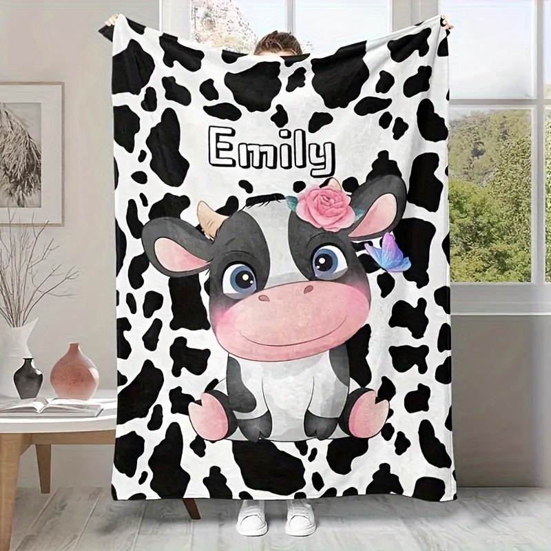 

1pc Custom Name Blanket, Cute Cow Soft Nap Blanket, 4 Seasons Blanket