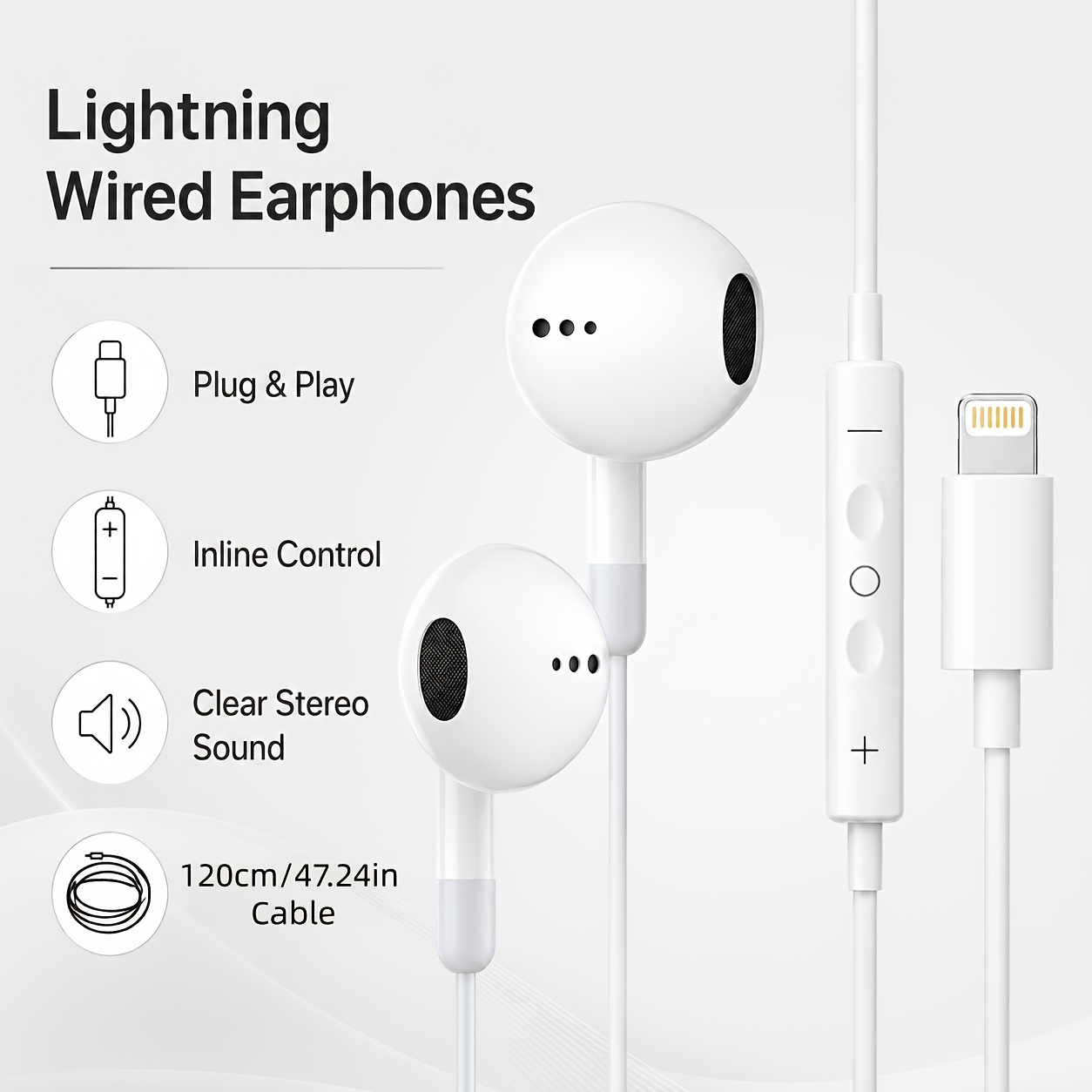 TEMU Écouteurs filaires Lightning avec du volume, semi -auriculaire de 1,2 mètre, oreillettes stéréo Plug-and-Play, prennent en charge le réglage du