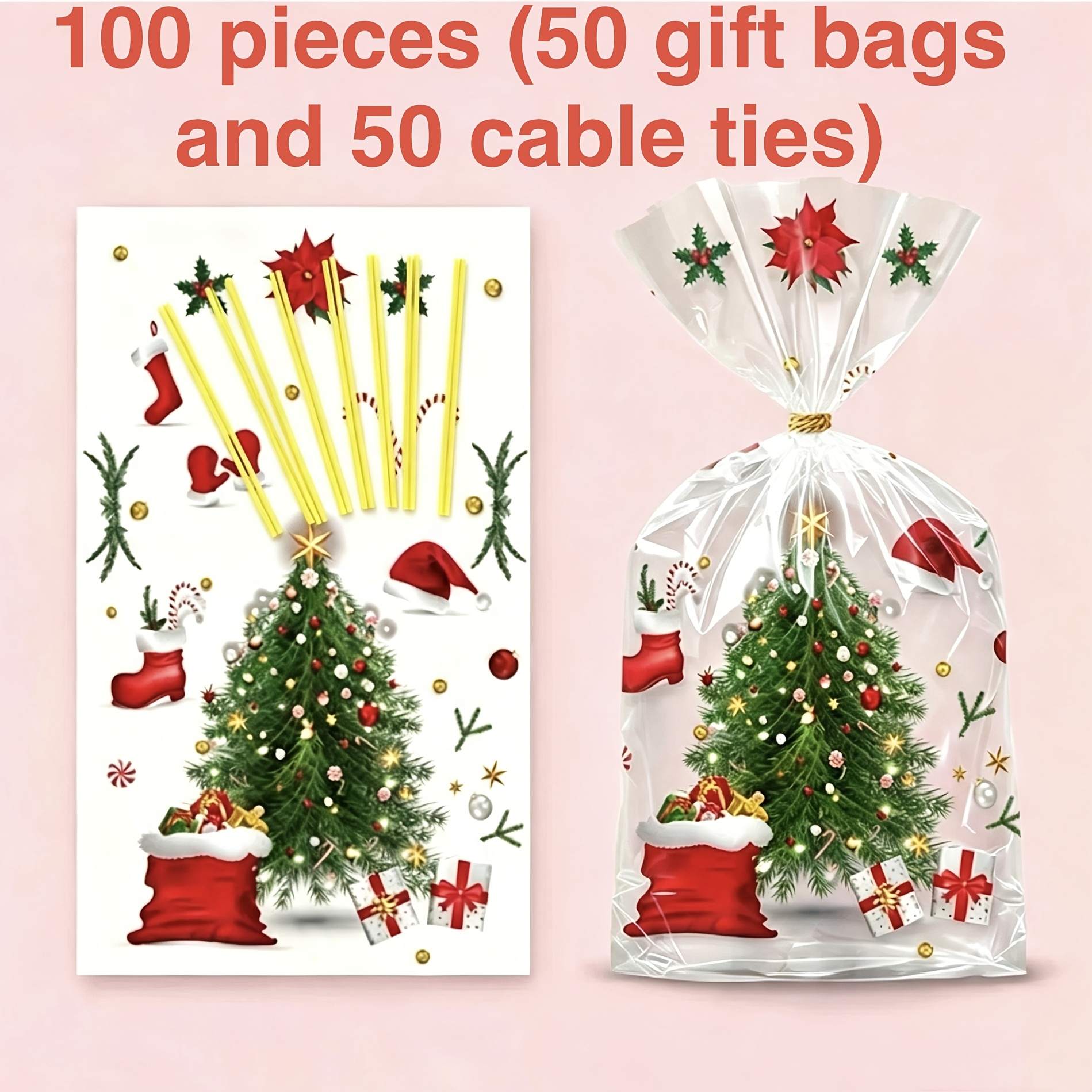 TEMU 100pcs Set Christmas Santa Hat Gift Packaging Bags (includes 50pcs Bags And 50pcs Ties) Happy Christmas Scene Decoration, Star Handmade Bags,