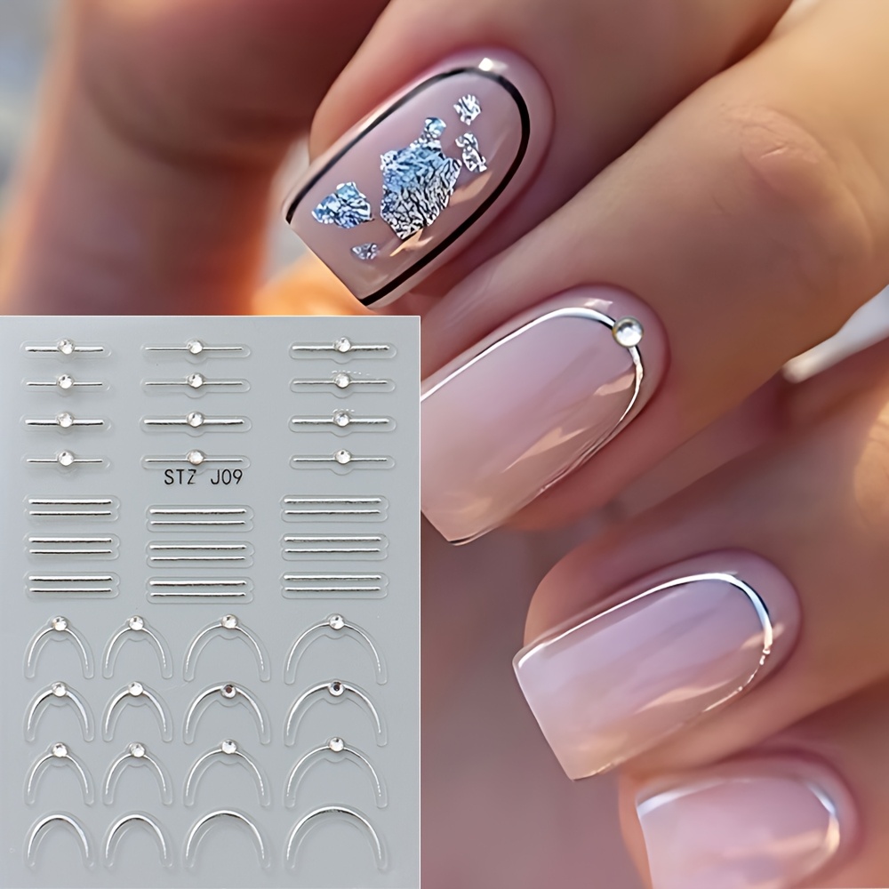 Nail Stickers - Metallic Wave And With Rhinestones, Self-adhesive Decals For , Disposable Nail Art Supplies