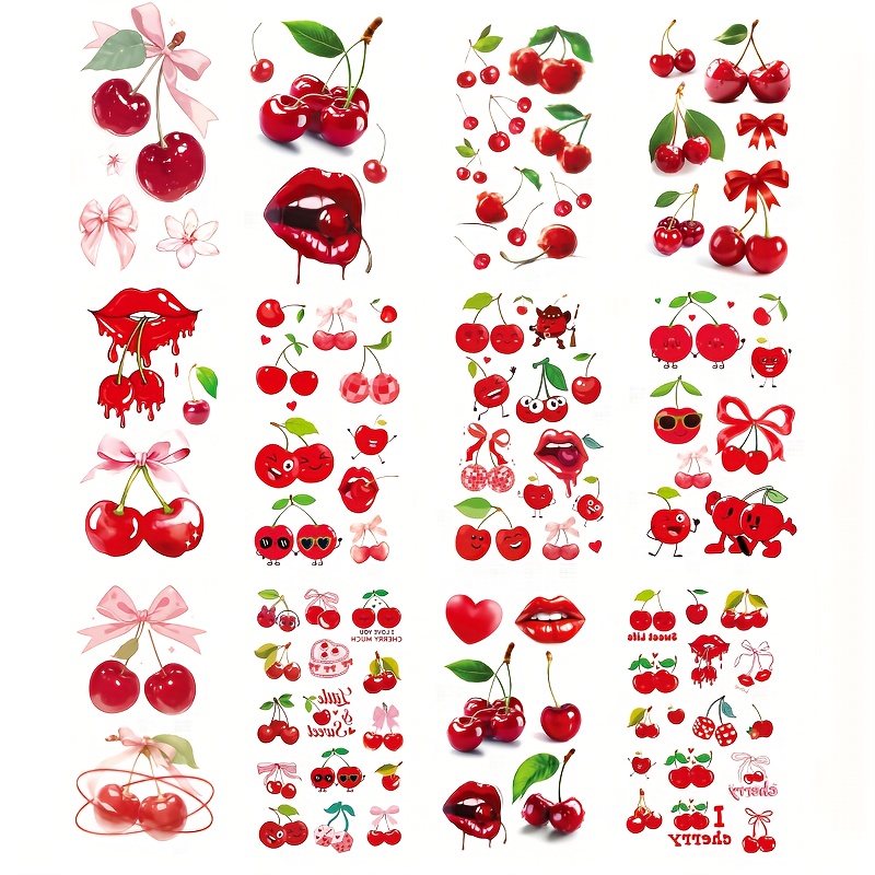 Image of [12 Sheets] Cherry Cherries Red Lips Women's Tattoo Stickers, Realistic Fruit Party, Makeup Performance Party Holiday Party Body Art Decoration Temporary Tattoo Stickers