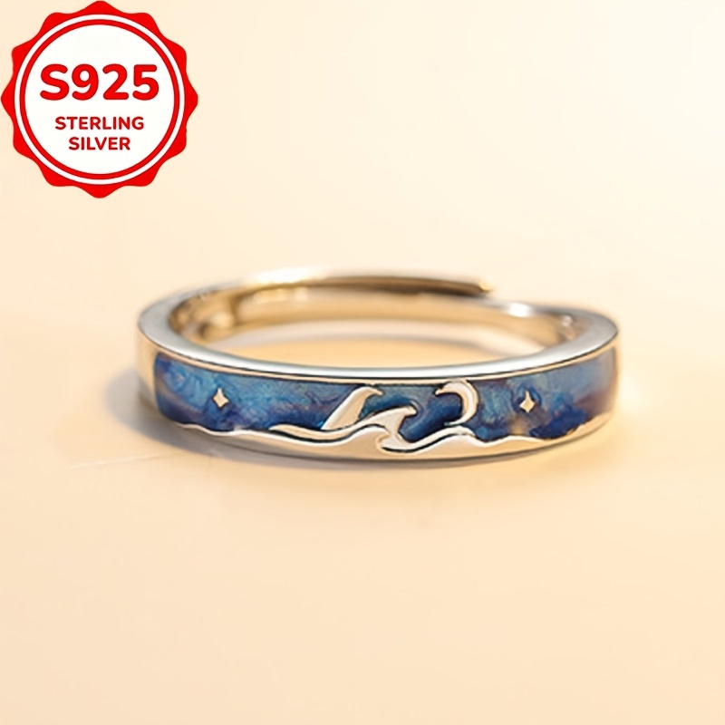 2pcs S925 Silver Couple Open Ring Resin Band Set
