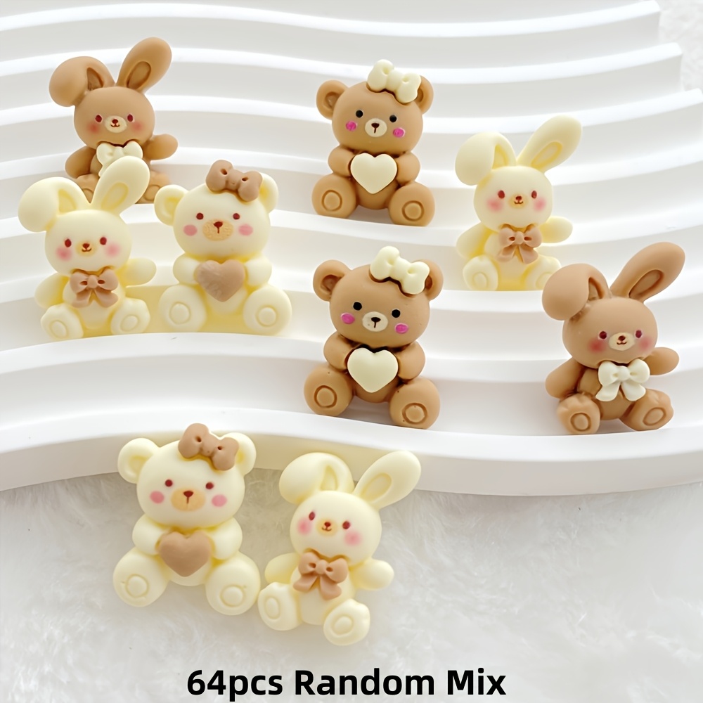 E-shop 64/24 Stück Neue Hochwertige Mode Exquisite Tierische Dekorative Perlen – Hase, Bär, Kaninchen und Herzförmige Pastellfarben – Flatback Harz