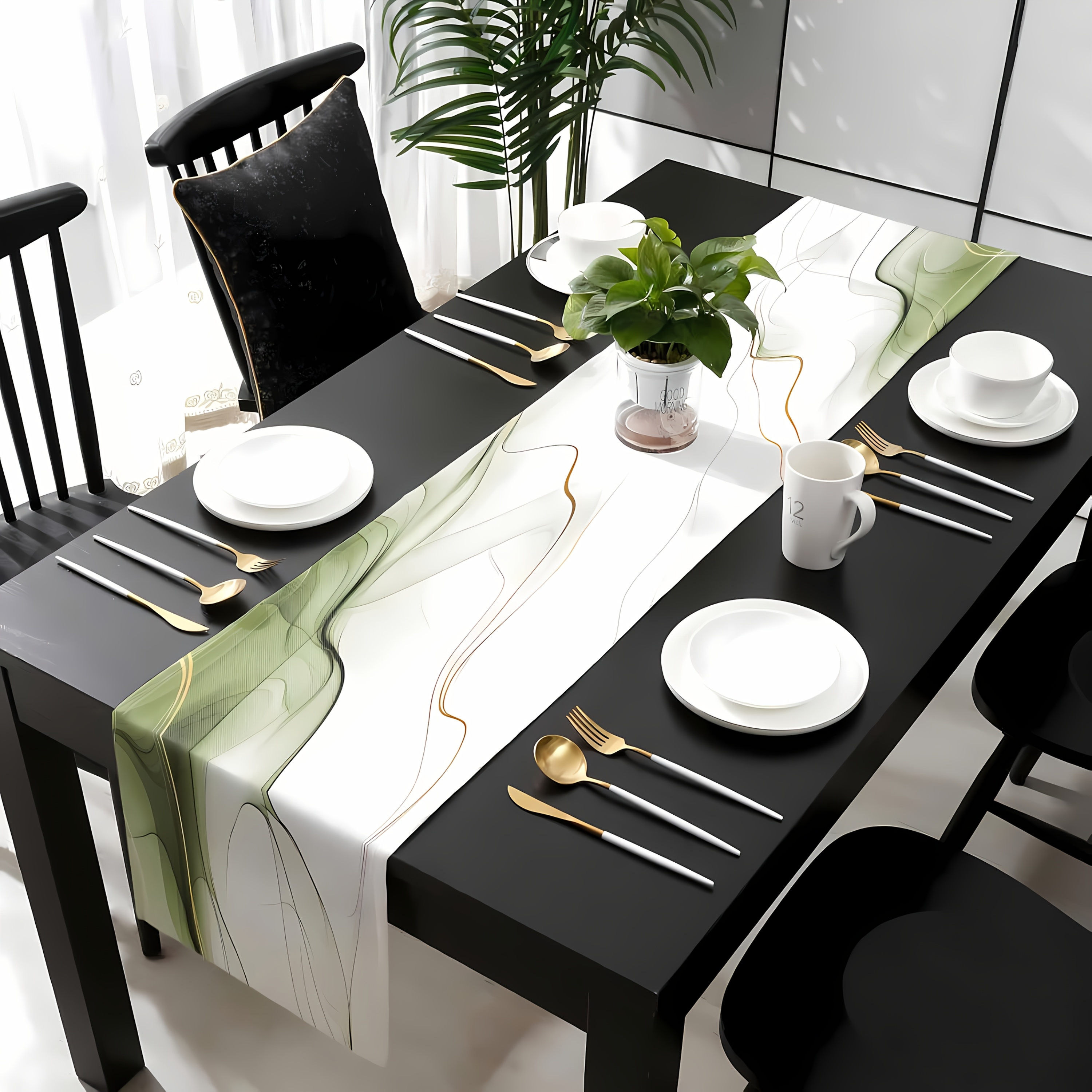 TEMU 1pc Green Table Runner, Modern Gradient Wave Pattern Kitchen Dinner Coffee Tablecloth, Farmhouse Style Fabric, Suitable For Dining, Weddings,