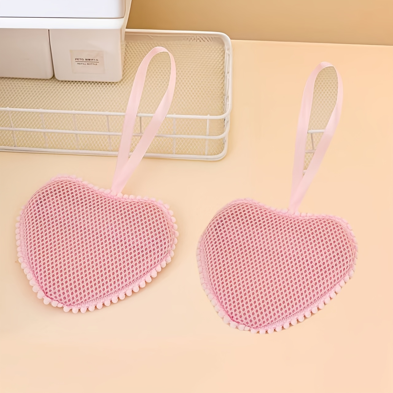 TEMU 2pcs Heart-shaped Bath Ball Soap Bags | Multi-functional Mesh Bubble Bath Flower, Ideal Valentine's Day Gift