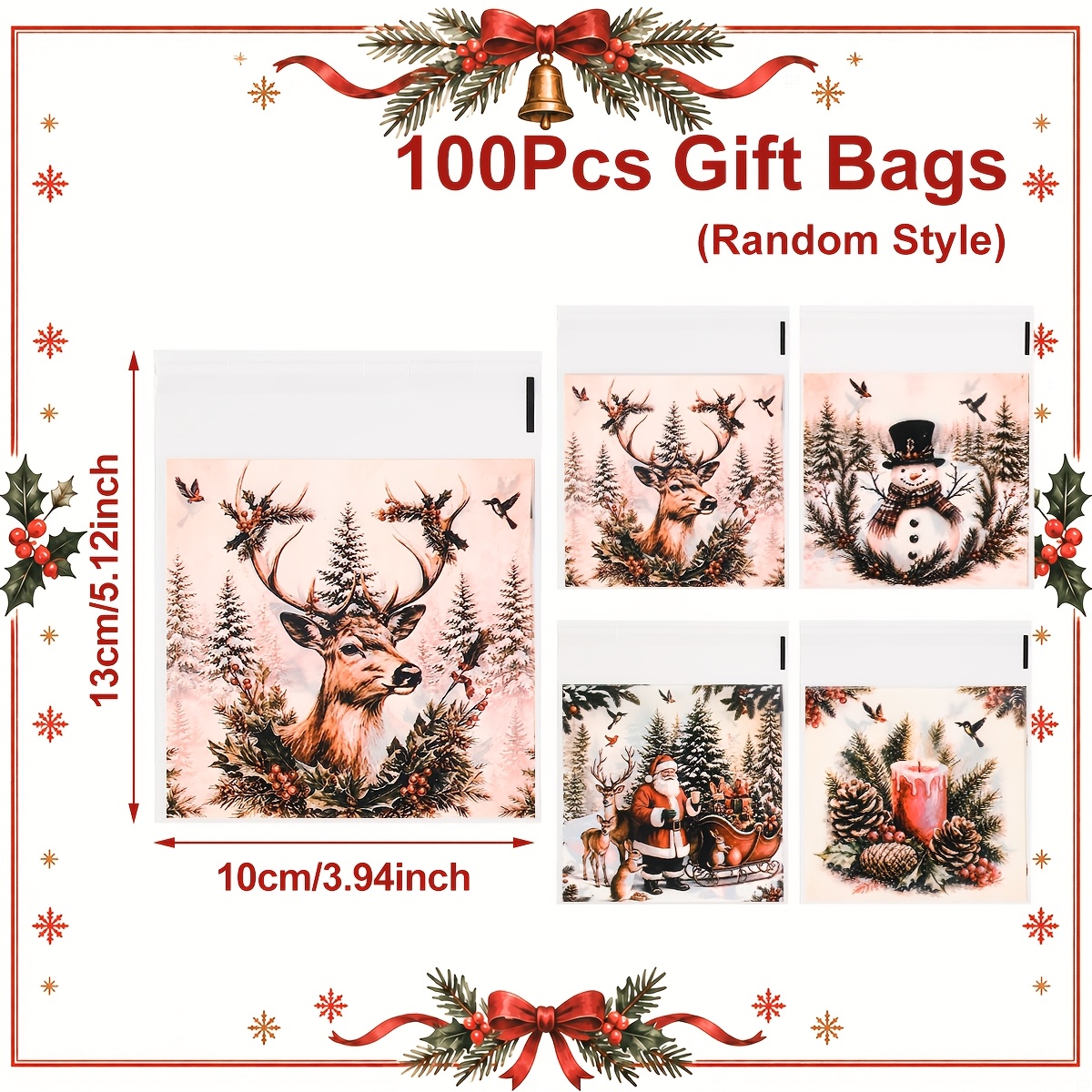 TEMU 50/100pcs, Christmas Theme Self-sealing Bags (random Style), Santa Claus Elk Snowman Pattern Gift Packing Bags, Happy New Year Supplies, Merry