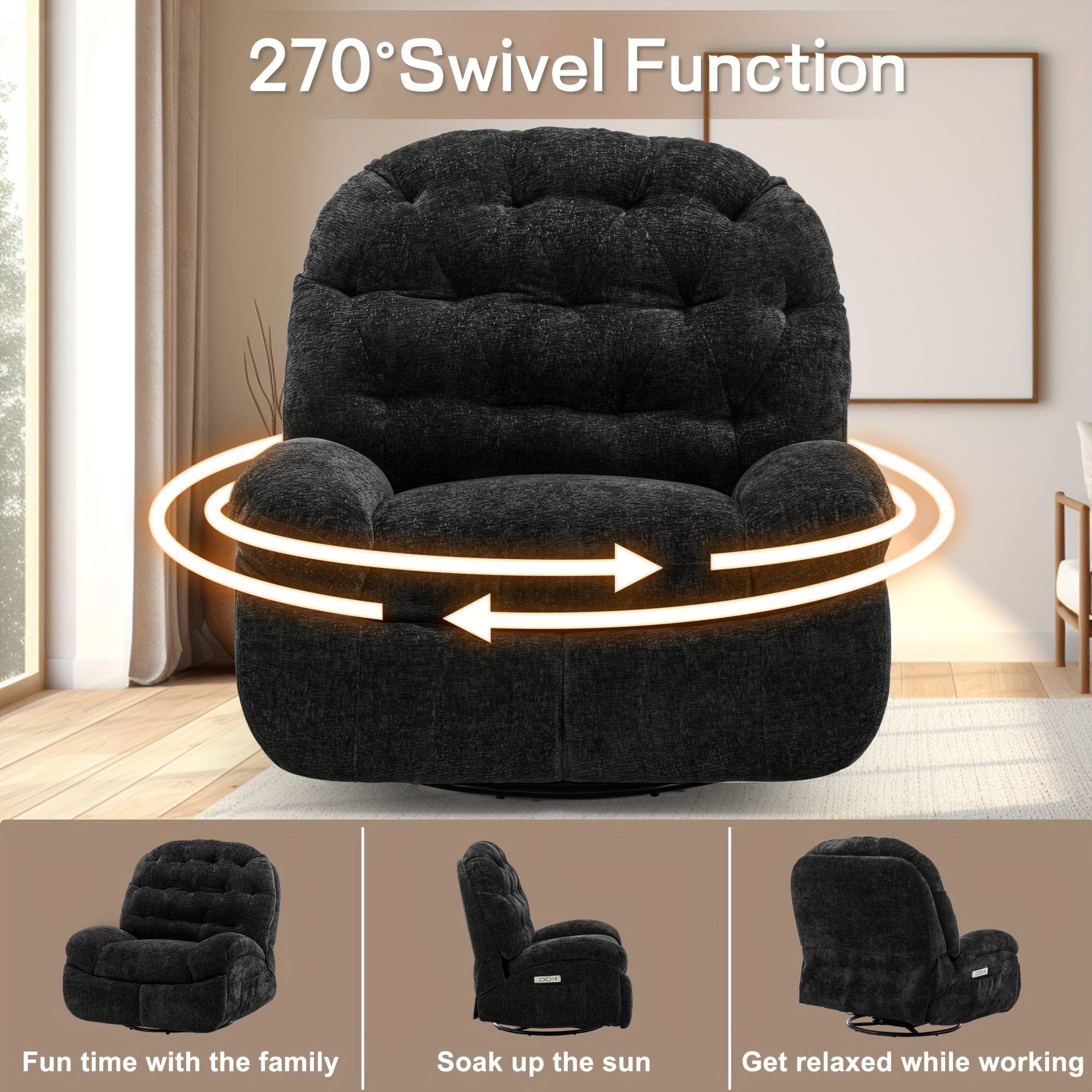 Oversized Swivel Recliner Chair, Adult Electric Recliner with USB Port And Side Pocket Storage, Comfortable Soft Shell Rocking Chair, Large Chenille Recliner Suitable for The Living Room 9 Oversized Swivel Recliner Chair, Adult Electric Recliner with USB Port And Side Pocket Storage, Comfortable Soft Shell Rocking Chair, Large Chenille Recliner Suitable for The Living Room - Image 9