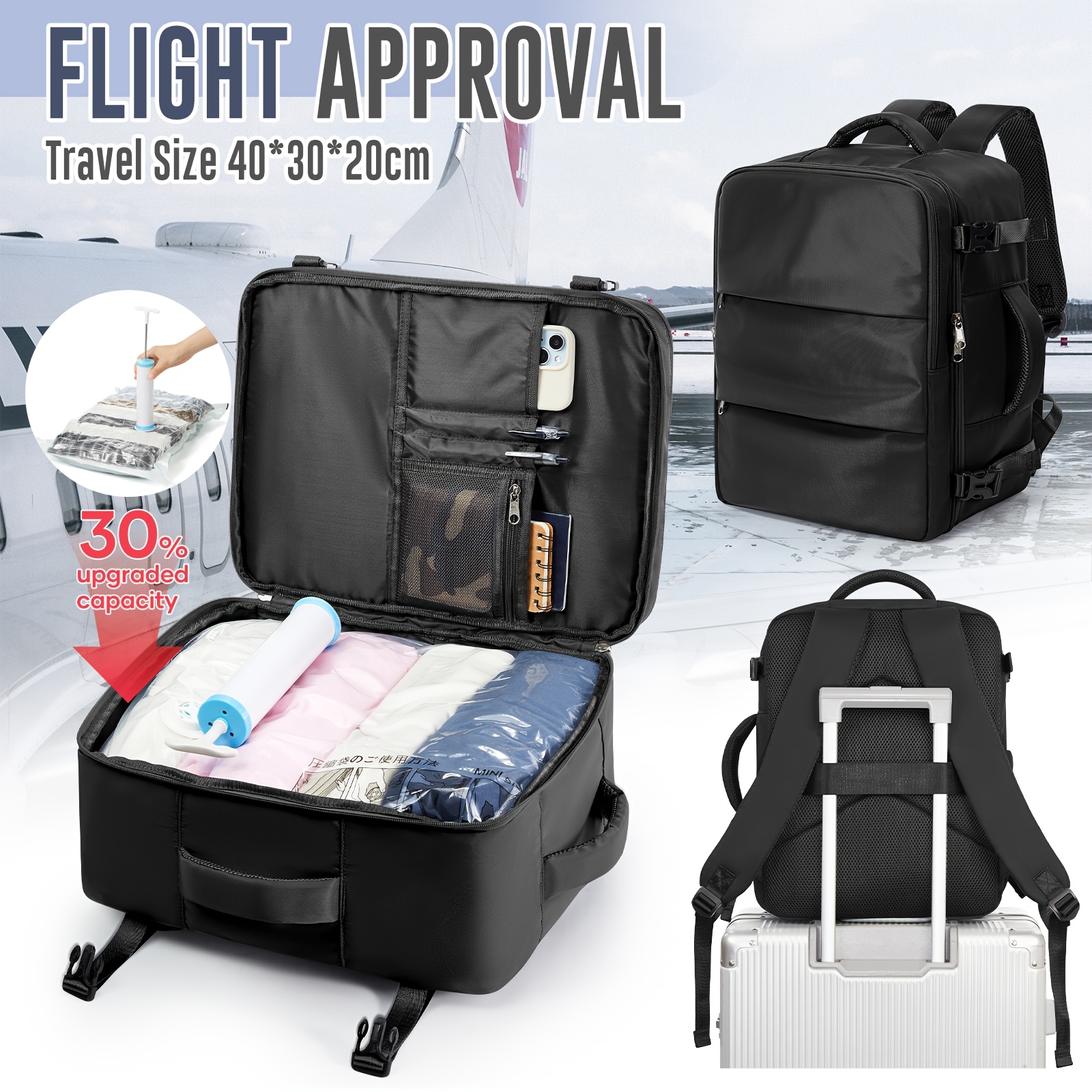 Obrázok položky cestovný vakový batoh s veľkou kapacitou | určený pre turistiku a služobné  , obsahuje efektívnu manuálnu pumpu a priehľadný vakuový vak, spĺňa rozmer 40*30*20 cm pre leteckú pripravu, skladací, ľahký, nylonová podšívka