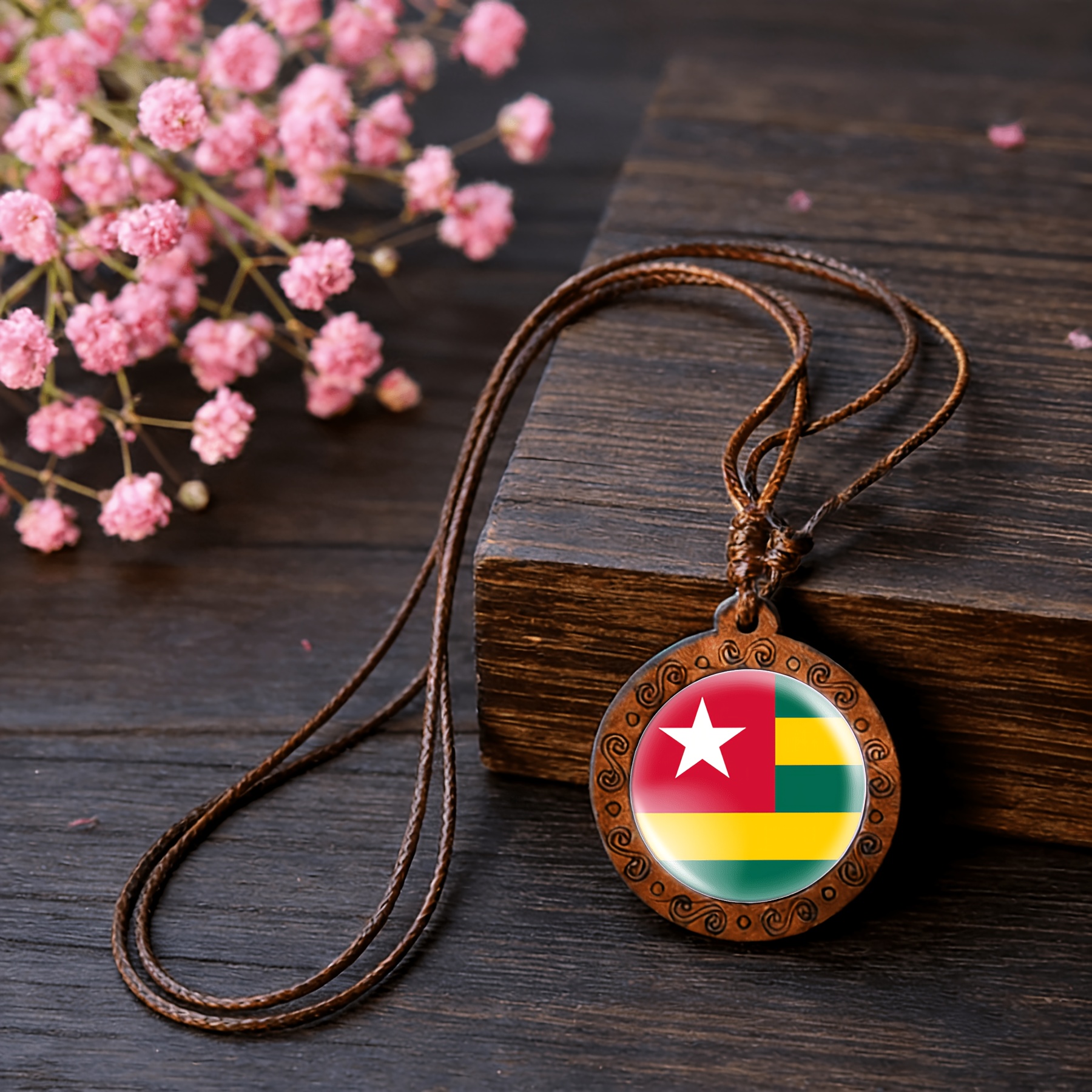 Handcrafted Vintage Wood & Gemstone Pendant Necklace, Circular Design