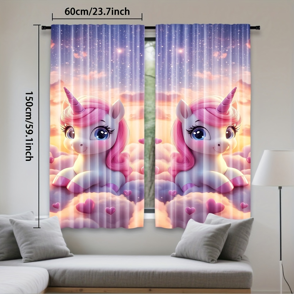 TEMU 2pcs Cute Unicorn Cloud & Starry Sky Rod Pocket Curtains - Light Filtering 100% Polyester, Machine Washable Contemporary Design For Bedroom,