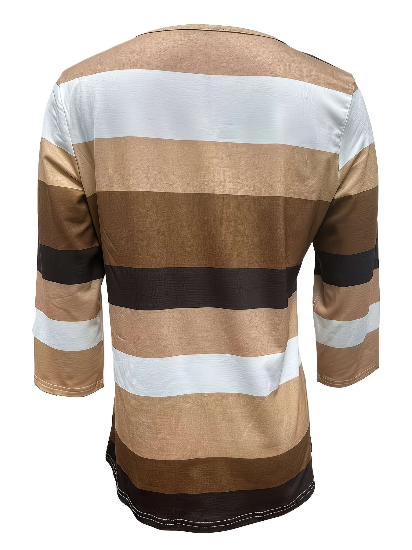 Nouvelle Arrivée Printemps/Été Mode Femme, Style Décontracté, T-shirt de Base Ample à Rayures, Col en V, Manches Trois-Quarts, Boutonné, Haut Polyvalent pour les Trajets Quotidiens et les Rendez-vous, Tendance Streetwear pour Sortie Quotidienne, Lavable en Machine - Convient pour un Usage Quotidien Nouvelle Arrivée Printemps/Été Mode Femme, Style Décontracté, T-shirt de Base Ample à Rayures, Col en V, Manches Trois-Quarts, Boutonné, Haut Polyvalent pour les Trajets Quotidiens et les Rendez-vous, Tendance Streetwear pour Sortie Quotidienne, Lavable en Machine - Convient pour un Usage Quotidien