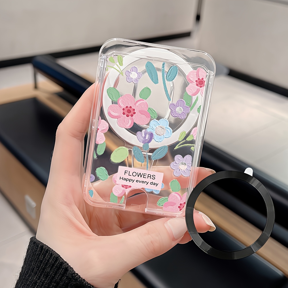 TEMU Floral Patterns: Happy Day Portable Magnetic Phone Card Bag, Uv Printed, Transparent Pc Material, Suitable For The Of Phone Cases Or Phones. It