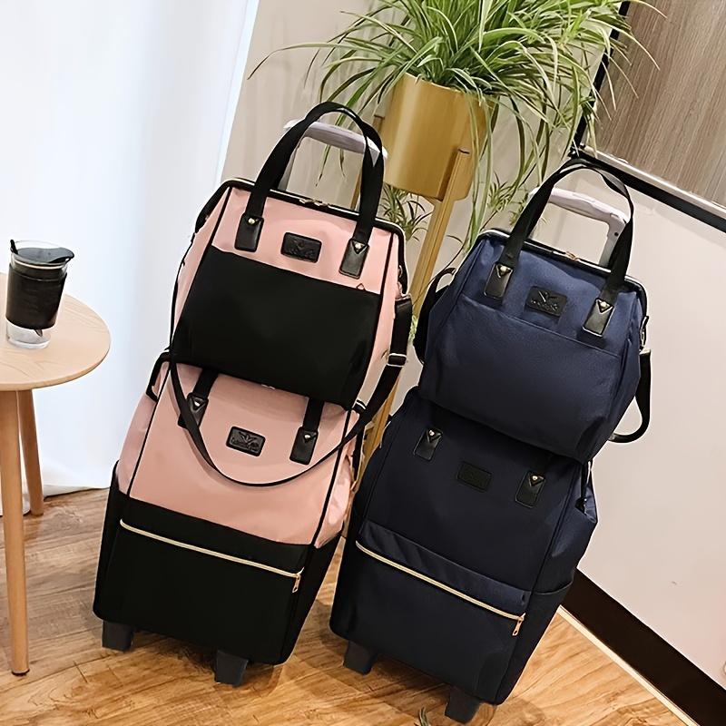 

2 Pcs Classic Colorblock Travel Duffle Bag Set, Versatile Lightweight Duffle Bag With Wheels & Handbag