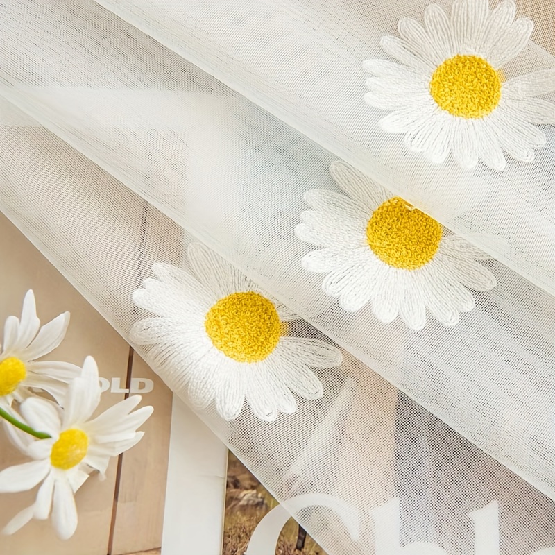 E-shop 2er-Set Gänseblümchen Bestickte Vorhänge mit Stangen-Tasche zum Aufhängen, Sonnenschutz und Sichtschutz, Geeignet für Neujahr Weihnachten