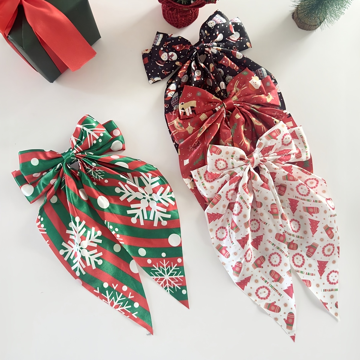 TEMU 4pcs Christmas-colored Large Bow Hair Clip Set, Snowflake Reindeer Snowman Print Long Ribbon Bow Hair Clips, Women's Holiday Party Hair