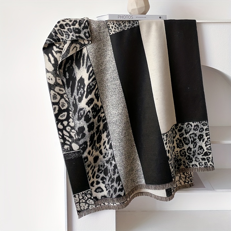 TEMU Women's Fashion Contrast Color Leopard Print Scarf Shawl - Thick Windproof Shawl For Autumn And Winter - Warm Decorative Accessory, Simple And