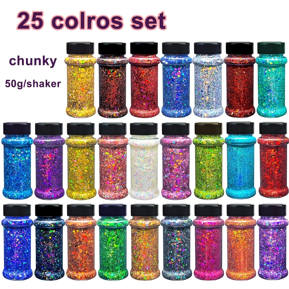 TEMU 25pcs Laser Mix: Chunky Holographic Glitter In Black, Golden, Green, Blue, White, Red, And Multicolor For Craft Projects, Diy Art, Drawing,