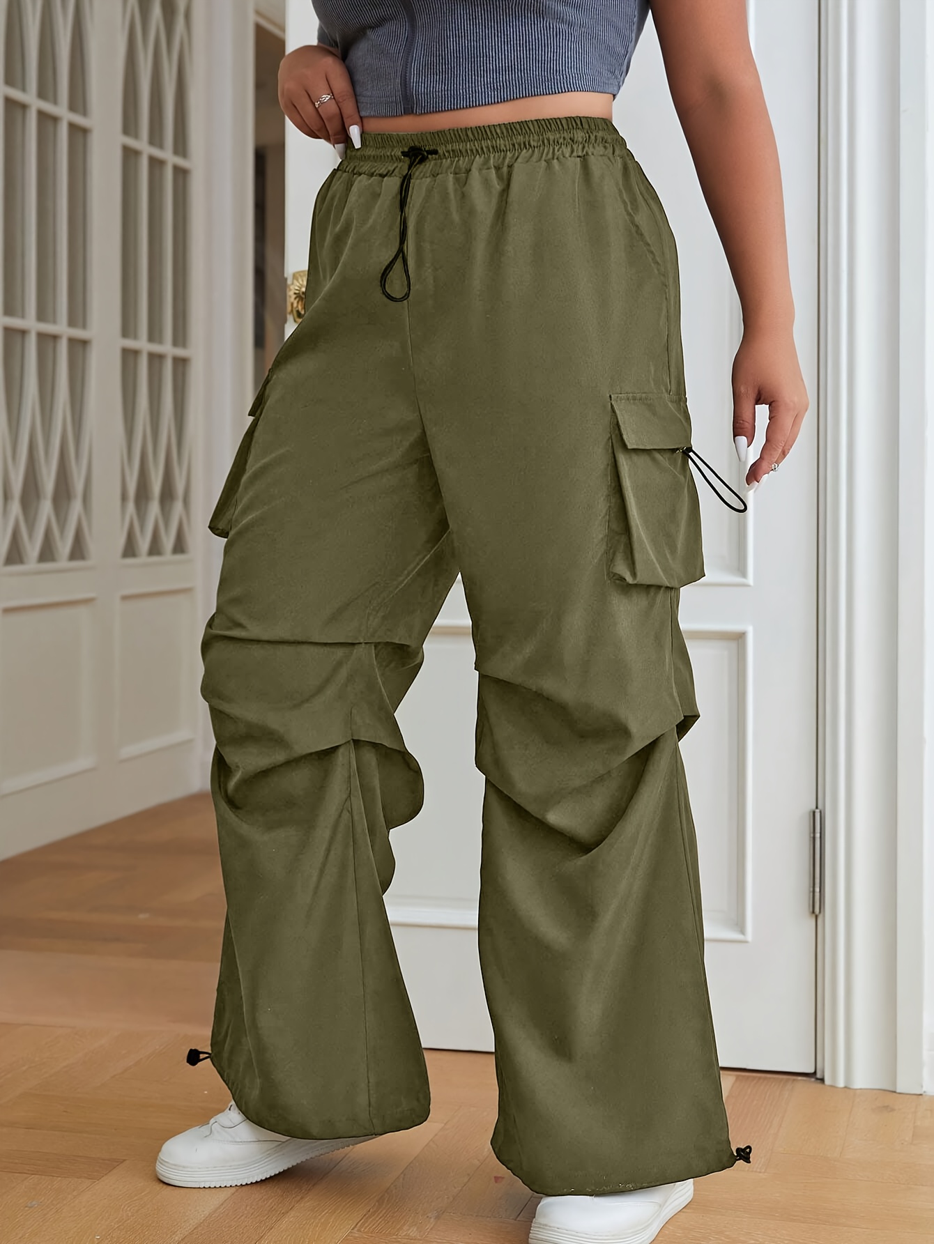 Brown Loose Flap Pockets Cargo Pants High Wide Legs - Temu Canada