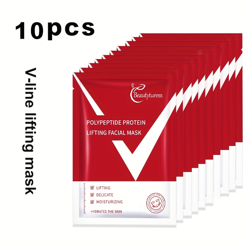 Image of 10pcs Peptide Protein Lifting Mask - Lifting Mask, Hides Double Chin, Contains Vitamin C, Peptides, Hyaluronic Acid, Moisturizes And Skin, Neck Lifting Patch Mask