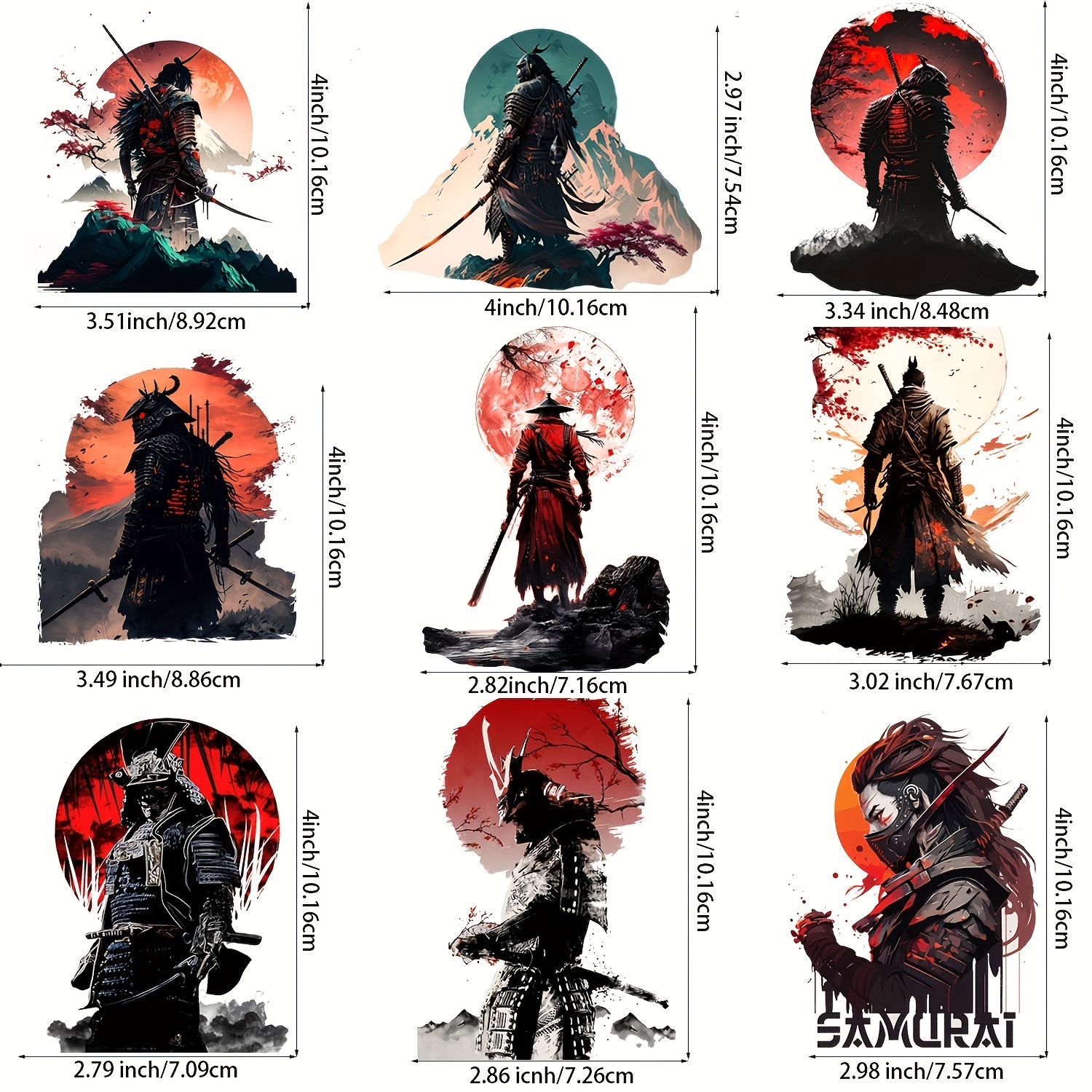 TEMU 9 piezas de transferencia de lavable y duradera, divertido de tema de espada japonesa de samurái, impresión de transferencia de de color ,