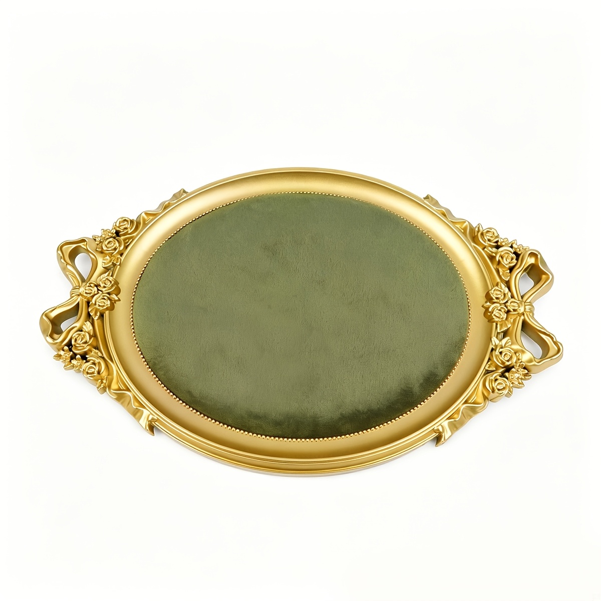 Retro Golden Frame Oval Jewellery Tray with Bow, Velvet Lining