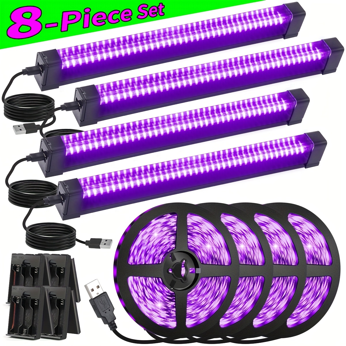 TEMU 8pcs Set, 4pcs 32cm/12.6in 40leds/pc Uv Black Light Bar + 4pcs 250cm/8.2ft 60leds/m Uv Black Strip Light, 385-400nm, Usb Plug, 5v, Blackligh For