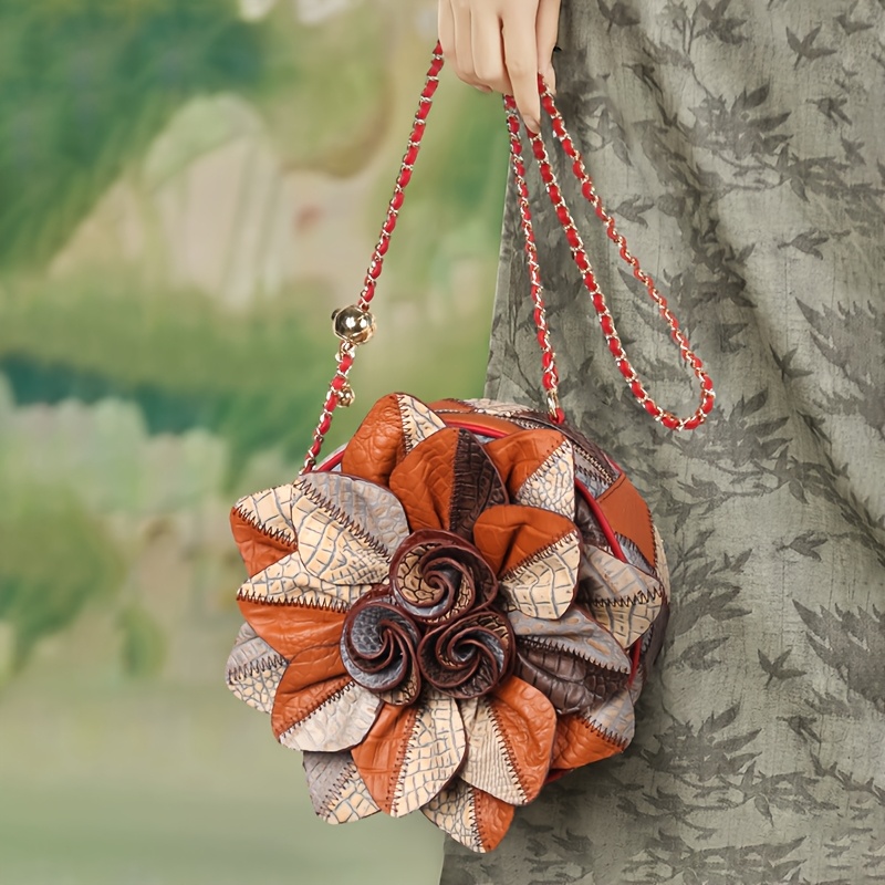 Genuine Leather Flower Crossbody Bag for Women - Vintage Style, Adjustable Strap, Zipper Closure, Polyester Lining, Crocodile Pattern, Mixed Colors, Elegant Accessory for Casual or Formal Occasions, Versatile Crossbody Bag | Vintage Floral Bag | Genuine Leather Bag, Purse Crossbody